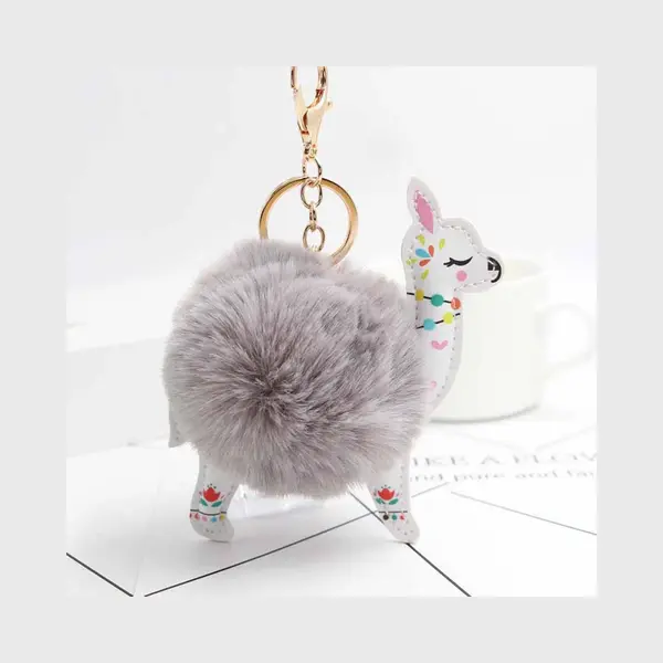 DW4Trading Pompom Alpaca Sleutelhanger - Fluffy - Bolletje - Taupe / Grijs thumbnail
