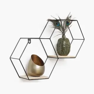 Vivol Ivol Wabenförmiges Wandregal Aus Metall 2 Holzböden - 30, 5 X 41 Cm - Schwarz - Hängend Wandregal Für Wohnzimmer - Wohnzimmer Regal Wanddeko