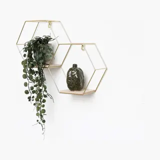 Goud Metalen Wandrek Industrieel Met 2 Houten Plankjes - Dubbel Zeshoekig - 30, 5x41 Cm