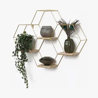 Goud Metalen Wandrek Industrieel Met 4 Houten Plankjes - Vierdubbel Zeshoekig - 40, 5x58 Cm