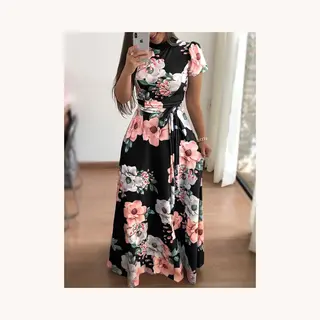 Dames Lange Jurk - Maxi Jurk - Korte Mouw - Zwart - Maat L