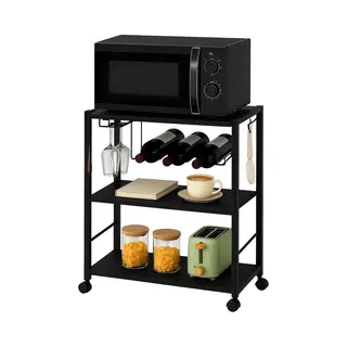 In-Homexl Keukentrolley Zwart – Industriële Trolley Op Wieltjes – Hout & Metaal – 3 Lagen Keukenrek – Moselle - In.Homexl - 52x40x84 Cm