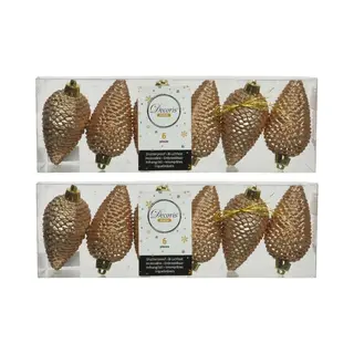 Decoris Kersthangers Dennenappels - 24x - Toffee Bruin - Glitter - 8 Cm - Kunststof - Kerstversiering