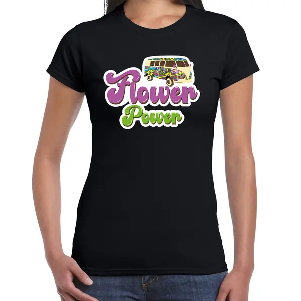 Bellatio Decorations Jaren 60 Flower Power Verkleed Shirt Zwart Met Hippie Busje Dames - Sixties/jaren 60 Kleding S thumbnail