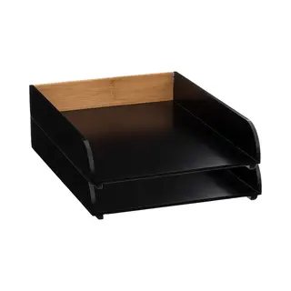 5Five Kantoor Postbakje/brievenbak - 2x - A4 Formaat - Stapelbaar - Zwart - Bamboe Hout