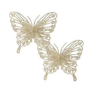 Decoris Kerstboom Decoratie Vlinders Op Clip - 2x - Champagne - 13 Cm