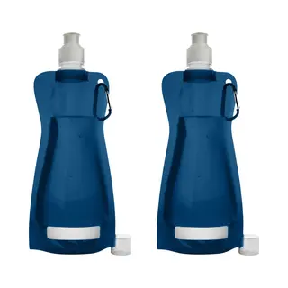 Waterfles/drinkfles/sportbidon Opvouwbaar - 2x - Blauw - Kunststof - 420 Ml - Schroefdop - Karabijnhaak