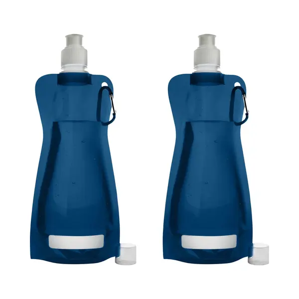 Waterfles/drinkfles/sportbidon Opvouwbaar - 2x - Blauw - Kunststof - 420 Ml - Schroefdop - Karabijnhaak thumbnail