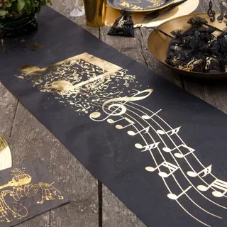 Santex Muziek Thema Tafelloper Op Rol - 10 M X 30 Cm - Zwart/goud - Non Woven Polyester