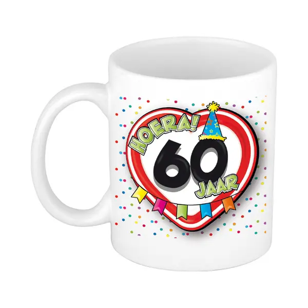 Bellatio Decorations Verjaardag Cadeau Mok Leeftijd 60 Jaar - Hartje Verkeersbord - Multi - 300 Ml thumbnail