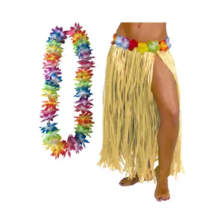 Hawaii Verkleed Hoela Rokje En Bloemenkrans Met Led - Volwassenen - Naturel - Tropisch Themafeest