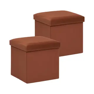 Atmosphera Poef/krukje/hocker Amber - 2x - Opvouwbare Zit Opslag Box - Fluweel Roest Bruin - D38 X H38 Cm - Mdf/polyester