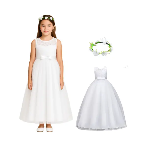 Joyakids Joya Kids® Communie Jurk Meisje Wit | Bruidsmeisjes Jurk | Prinsessen Jurk | Feestjurk + Bloemenkrans | Maat 160 (158/164) thumbnail