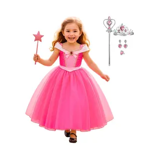 Joyakids Joya Kids® Roze Verkleedjurk Korte Mouw | Zomerse Roze Prinsessenjurk | Verkleedkleding Meisje | Hard Roze Jurk + Kroontje & Staf & Sieraden | Cadeau