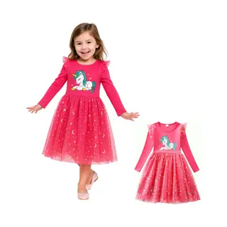 Joyakids Joya Kids® Unicorn Verkleedjurk Meisjes | Hard Roze Jurkje Met Lange Mouwen & Tule Rok | Comfortabele Prinsessenjurk Voor Kinderen | T-shirt Stof |