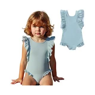 Joyakids Joya Kids® Badpak Korte Mouw Licht Blauw Met Ruches Meisjes | Zwempak Met Ruches Pof Mouwen | Zwempak Lage Rug Kind | Meisje Bikini Zomer |
