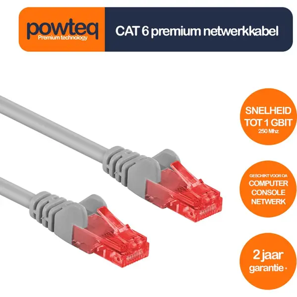 Powteq - 20 Meter Premium Utp Patchkabel - Cat 6 - Grijs - (netwerkkabel/internetkabel) thumbnail
