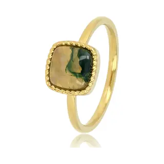 My Bendel - Goudkleurige Zegelring Met Donkergroene Moss Agate Edelsteen - Met Luxe Cadeauverpakking | Sieraden Voor Dames | Maat 19.00 Mm / Maat 60