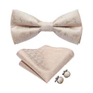 Vlinderdas Inclusief Pochet En Manchetknopen - 100% Zijden - Paisley - Beige - Vlinderstrik - Strik - Pochette - Heren