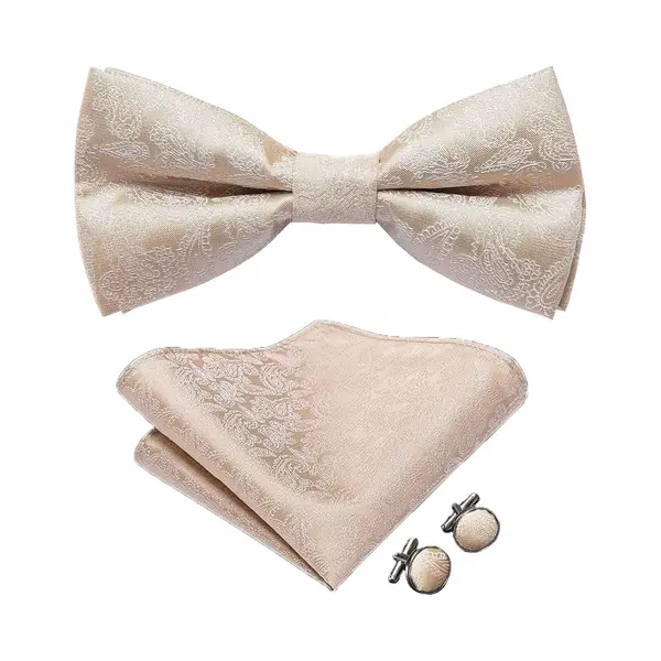 Vlinderdas Inclusief Pochet En Manchetknopen - 100% Zijden - Paisley - Beige - Vlinderstrik - Strik - Pochette - Heren thumbnail