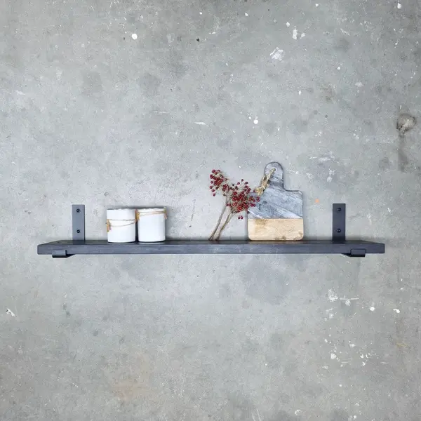 GoudmetHout Massief Eiken Wandplank - 60x20 Cm - Zwart Eiken - Industriële Plankdragers L-vorm Up Mat Zwart - Staal - Zwarte Wandplank thumbnail