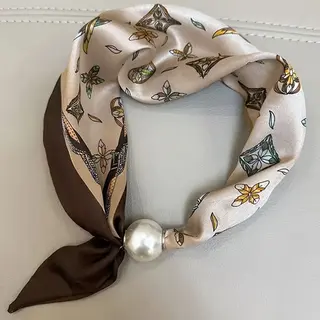 Sjaaltje - Scarf- Accessories - Dames- Bandana's- Halsdoek - Imitatie Zijde- Beige - Bloem - Magneet - Parel