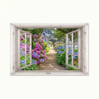 GreatGardenPosters Tuinposter Doorkijk Bloemen - Wit Raam - Tuindecoratie Hortensia - 90x60 Cm - Tuinschilderij Voor Buiten Paars - Tuindoek - Wanddecoratie Tuin -