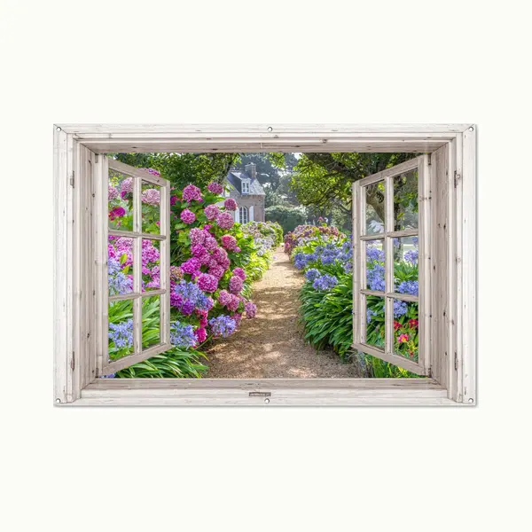 GreatGardenPosters Tuinposter Doorkijk Bloemen - Wit Raam - Tuindecoratie Hortensia - 180x120 Cm - Tuinschilderij Voor Buiten Paars - Tuindoek - Wanddecoratie Tuin - thumbnail