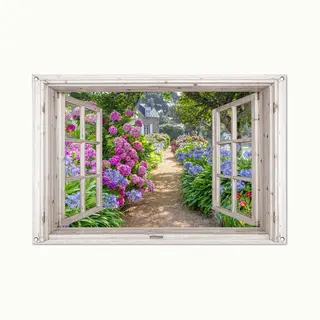 GreatGardenPosters Tuinposter Doorkijk Bloemen - Wit Raam - Tuindecoratie Hortensia - 120x80 Cm - Tuinschilderij Voor Buiten Paars - Tuindoek - Wanddecoratie Tuin -