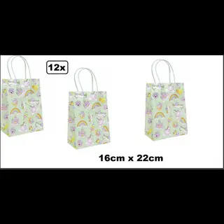 Wefiesta 12x Koordtas Eenhoorn 16cm X 22cm - Unicorn - Goodiebag Papieren Draagtas Tas|koord Festival Kado Themafeest Party Geschenken Verjaardag