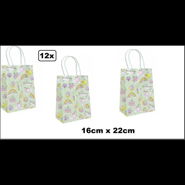 Wefiesta 12x Koordtas Eenhoorn 16cm X 22cm - Unicorn - Goodiebag Papieren Draagtas Tas|koord Festival Kado Themafeest Party Geschenken Verjaardag thumbnail
