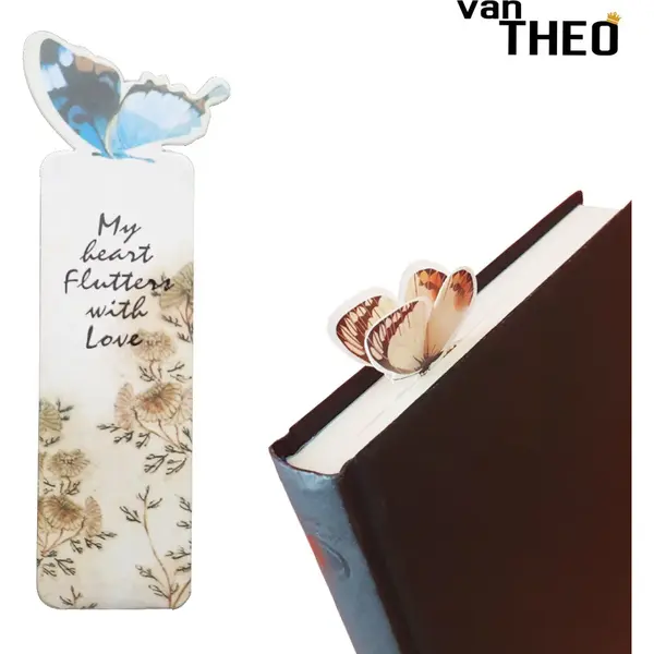 Van Theo® Boekenlegger Vlinder & Bloem – Bladwijzer - Bookmark – Kaartje – Classic Blauw - Kleine Cadeautjes thumbnail