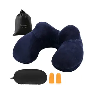 Traveltime Opblaasbaar Nekkussen Met Opbergtasje - Vliegtuig Kussen - Reiskussentje - Fluweel - U-Vorm - Blauw