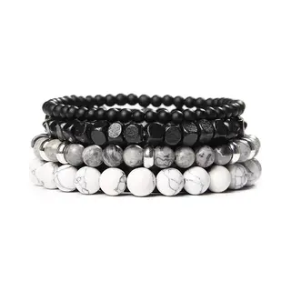 Malinsi® Armband Heren En Dames - Onyx En Lava Stone Natuursteen Set Van 4 Zwart Wit - Mannen En Vrouwen Kralen Armbandje
