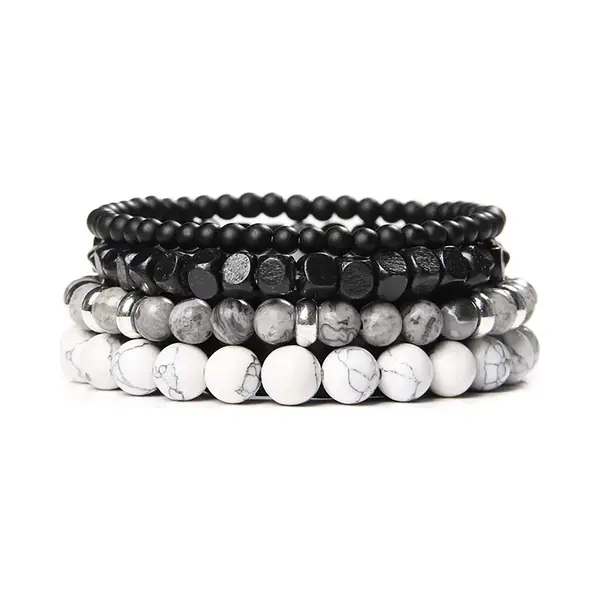 Malinsi® Armband Heren En Dames - Onyx En Lava Stone Natuursteen Set Van 4 Zwart Wit - Mannen En Vrouwen Kralen Armbandje thumbnail