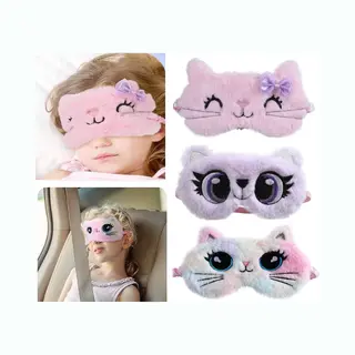 Mylinsé 3 Stuks - Slaapmaskers Kind - Reismasker - Poezen Roze Strik - Grote Ogen Multi Color