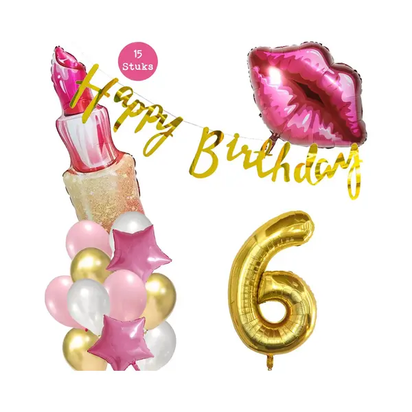 Snoes Beauty Helium Ballonnen Set 6 Jaar - Roze Folieballonnen - Slinger Happy Birthday Goud thumbnail