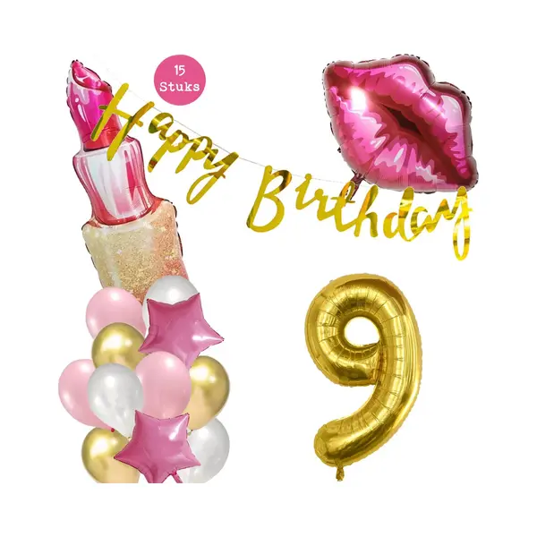 Snoes Beauty Helium Ballonnen Set 9 Jaar - Roze Folieballonnen - Slinger Happy Birthday Goud thumbnail