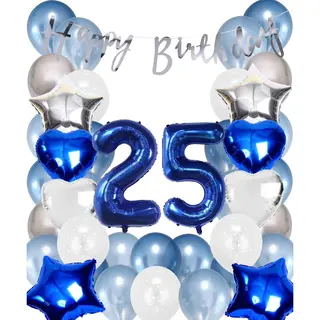 Snoes Ballonnen 25 Jaar Set Mega Blauw Zilver Ballon - Compleet Feestpakket Cijferballon 25 Jaar - Verjaardag Versiering Slinger Happy Birthday –
