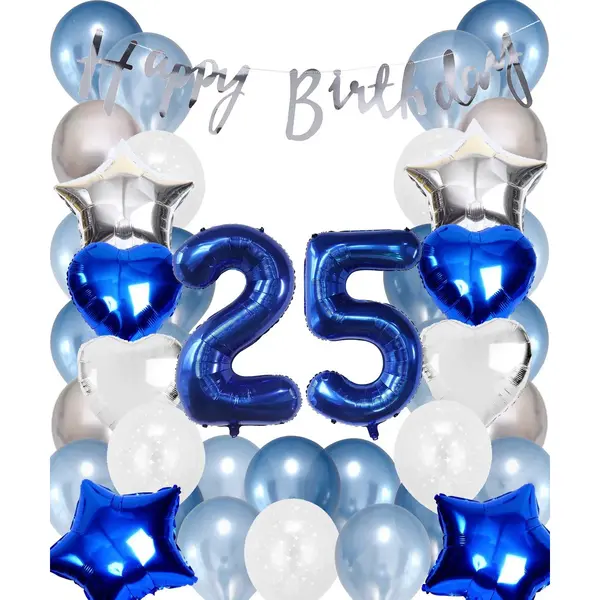 Snoes Ballonnen 25 Jaar Set Mega Blauw Zilver Ballon - Compleet Feestpakket Cijferballon 25 Jaar - Verjaardag Versiering Slinger Happy Birthday – thumbnail