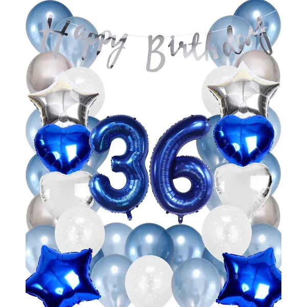 Snoes Ballonnen 36 Jaar Set Mega Blauw Zilver Ballon - Compleet Feestpakket Cijferballon 36 Jaar - Verjaardag Versiering Slinger Happy Birthday – thumbnail