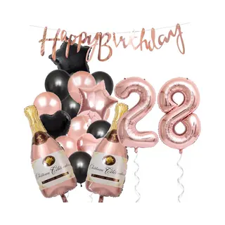 28 Jaar Verjaardag Cijferballon 28 - Feestpakket Snoes Ballonnen Pop The Bottles - Rose Zwart Versiering