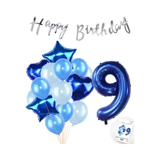 Snoes Ballonnen 9 Jaar Feestpakket – Versiering – Verjaardag Set Mason Blauw Cijferballon 9 Jaar - Heliumballon