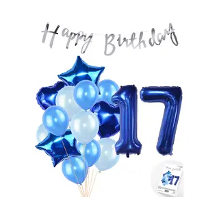 Snoes Ballonnen 17 Jaar Feestpakket – Versiering – Verjaardag Set Mason Blauw Cijferballon 17 Jaar - Heliumballon