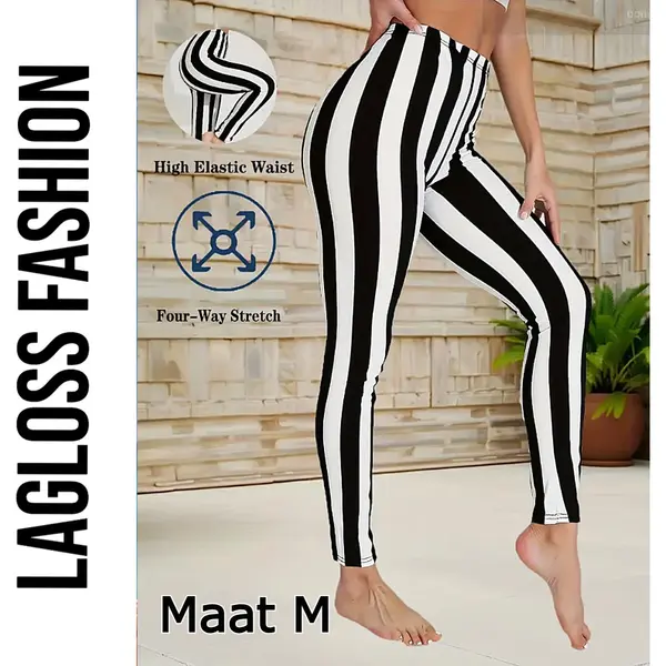 LaGloss® Dames Hoge Taille Yoga Leggings Zwart & Wit Gestreept Maat M – Hoge Stretch Sportlegging – Comfortabele Gym & Yoga Broek thumbnail