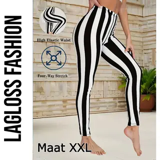 LaGloss® Dames Hoge Taille Yoga Leggings Zwart & Wit Gestreept Maat Xxl – Hoge Stretch Sportlegging – Comfortabele Gym & Yoga Broek