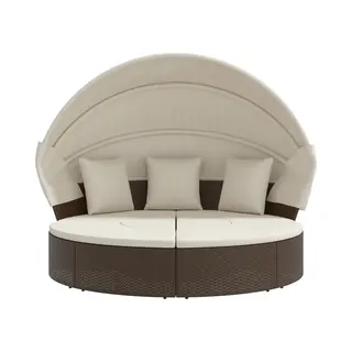 VidaXL Loungebed Met Luifel En Kussens Poly Rattan Bruin
