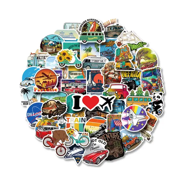 Winkrs 50 Koffer Stickers Met Thema Voertuigen & Reizen, Vliegtuig, Auto's, Fietsen, Camper, Busjes - Stickers Voor Volwassenen Voor Laptop, Reisjournal, thumbnail
