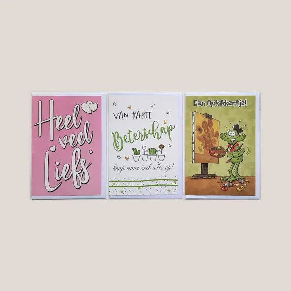 Black Acres Cards 3 Wenskaarten - Van Harte Beterschap + Veel Liefs + Opkikkertje - 12 X 17 Cm – Bet-303 thumbnail