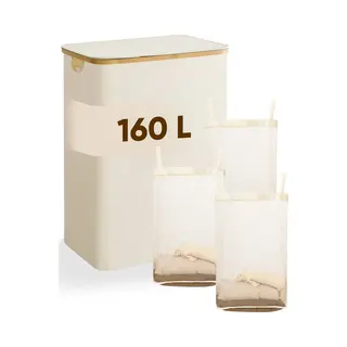 Dari. - Wasmand 3 Vakken - Wassorteerder - 160L - Met 3 Uitneembare Zakken - Wasmand - Beige - Knopen